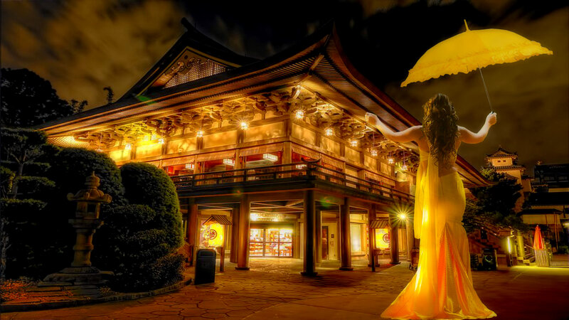 Woman with Yellow Umbrella — Dramatic, Night
