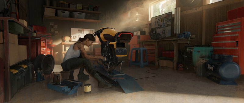 Woman Working on Motorcycle — Brown