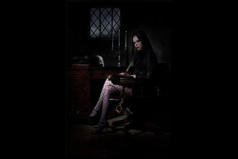 Woman Writing at Desk — Black, Dramatic