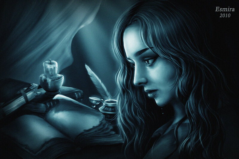 Woman Writing at Desk — Blue, Dramatic