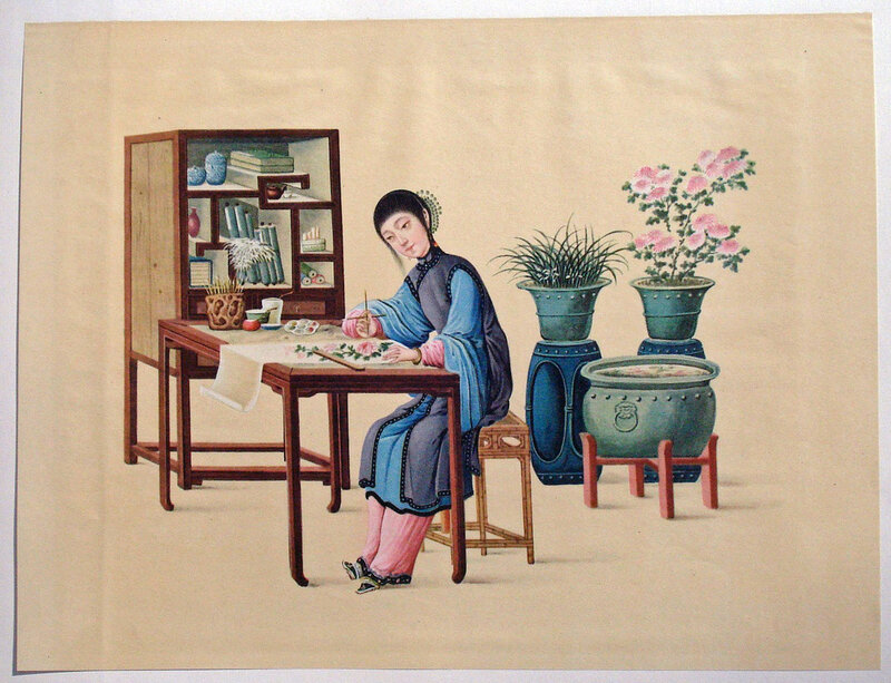 Woman Writing at Desk — Blue