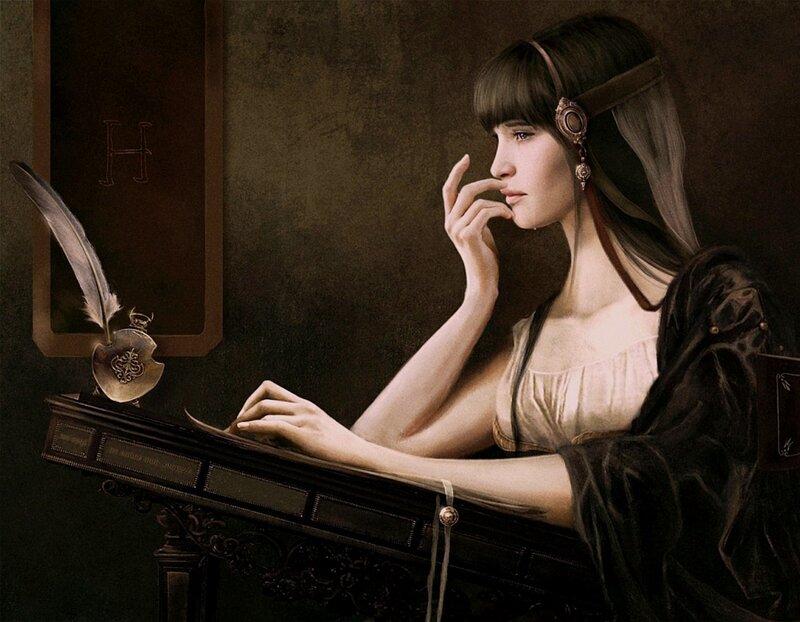 Woman Writing at Desk — Brown, Contemplative