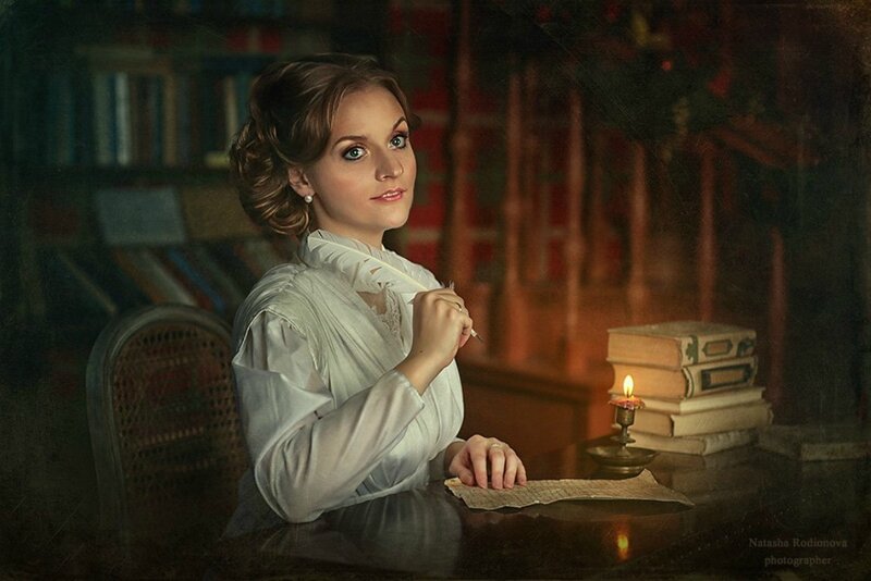 Woman Writing at Desk — Brown, Dramatic, Night