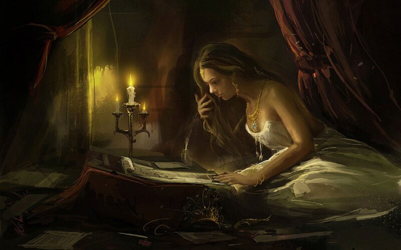 Woman Writing at Desk — Brown, Dramatic