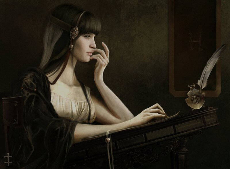 Woman Writing at Desk — Brown