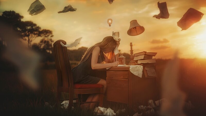 Woman Writing at Desk — Orange