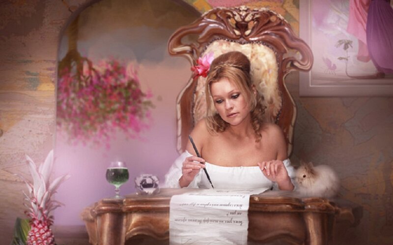 Woman Writing at Desk — White