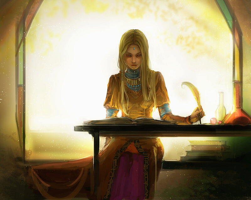 Woman Writing at Desk — Yellow