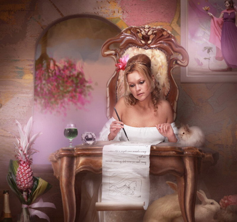 woman writing at ornate desk