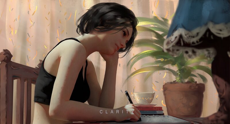 Woman Writing at Table — Brown, Calm