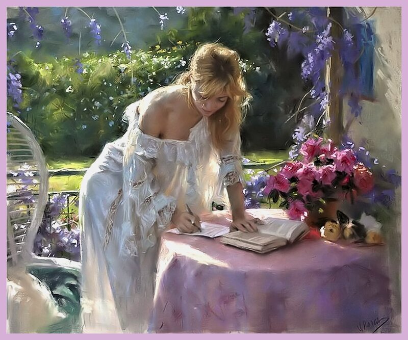 Woman Writing at Table — White, Serene, Afternoon