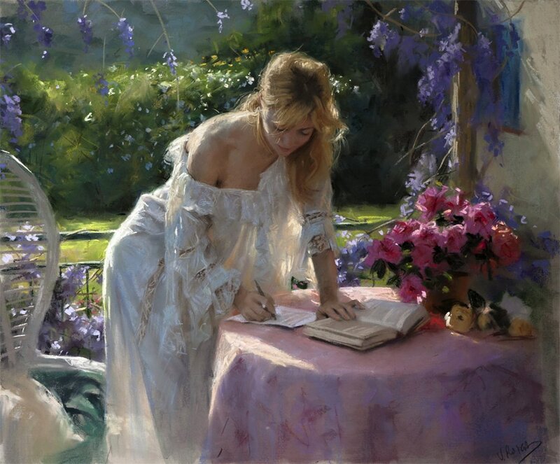Woman Writing at Table — White, Serene