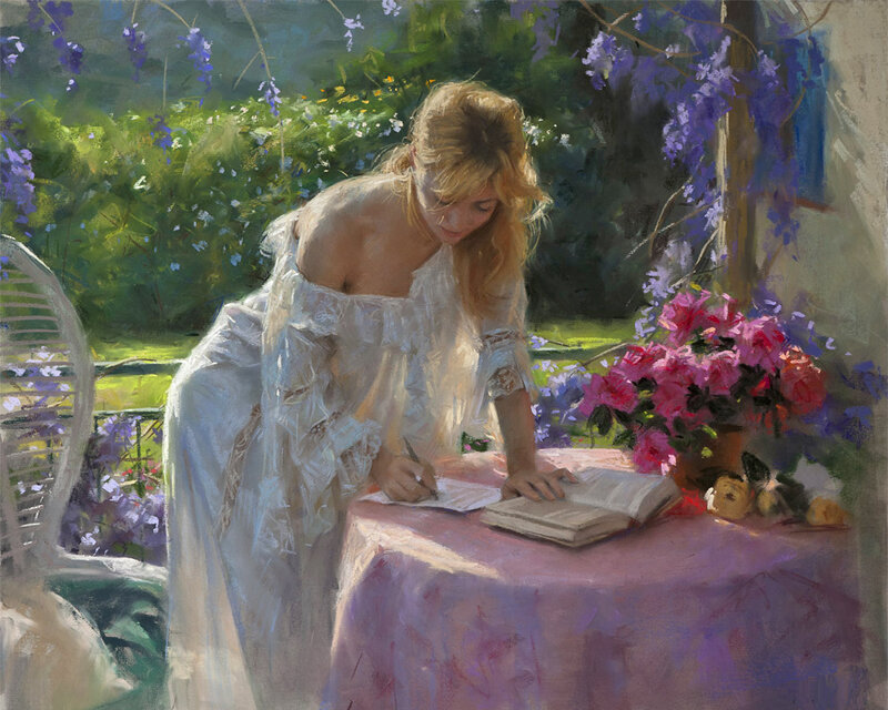 Woman Writing at Table — White