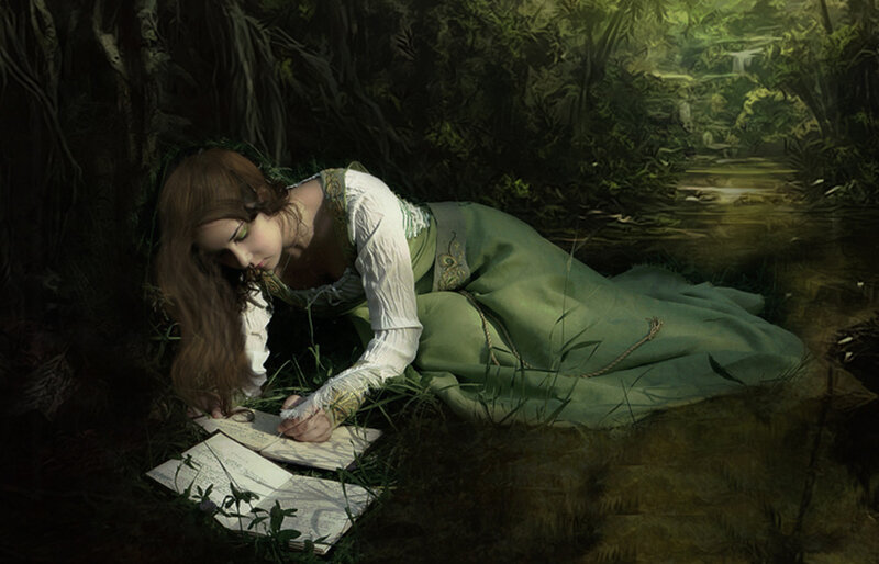 woman writing in a forest