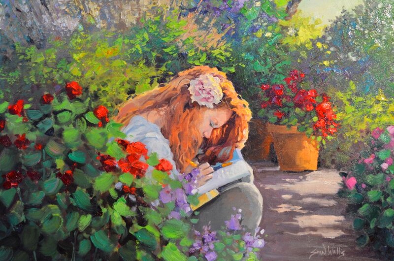 Woman Writing in Garden — Green