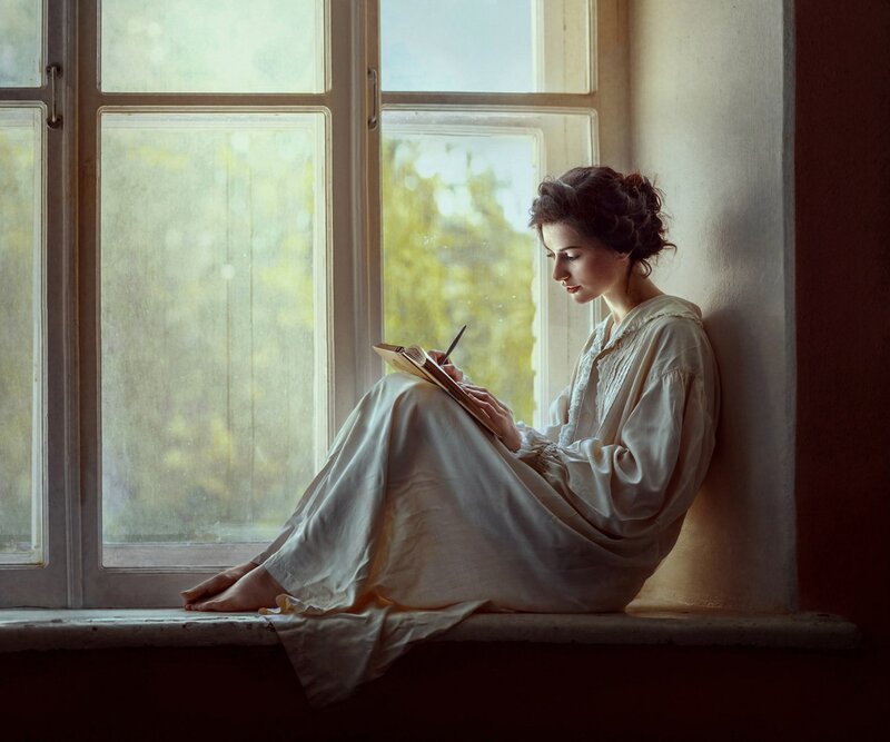Woman Writing in Journal — White