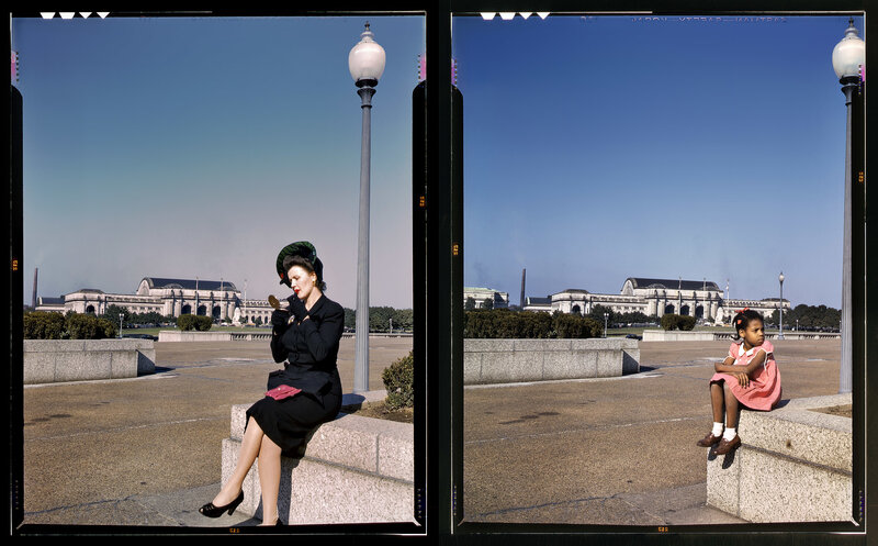 Women and a girl on steps