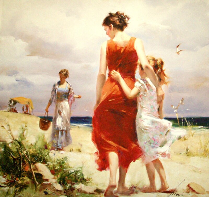 Women and child on a beach
