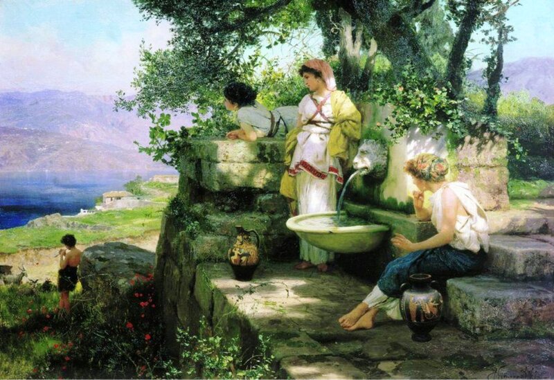 Women at a Fountain — Green