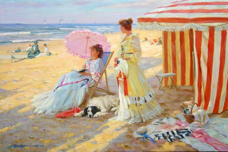 Women at Beach with Dog
