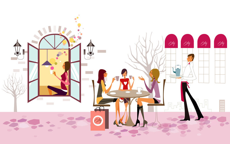 Women at Outdoor Cafe — Pink