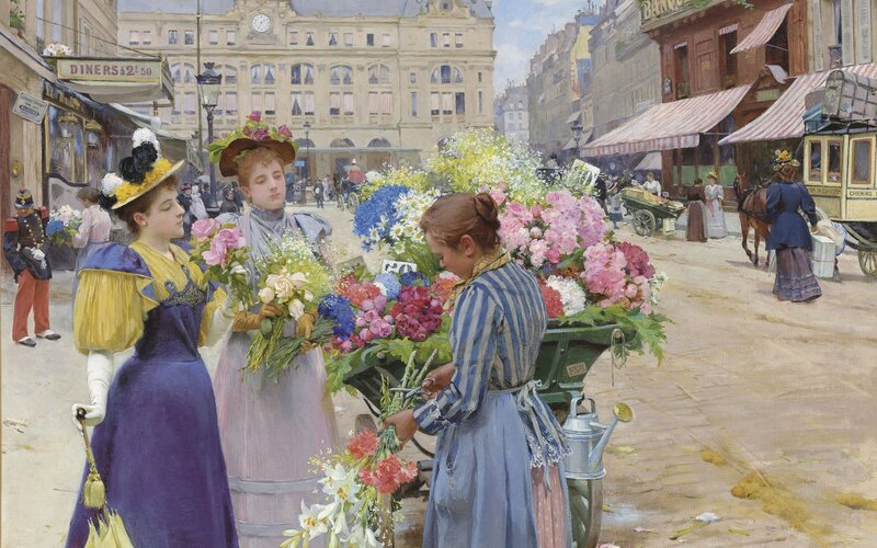 Women Buying Flowers — Blue