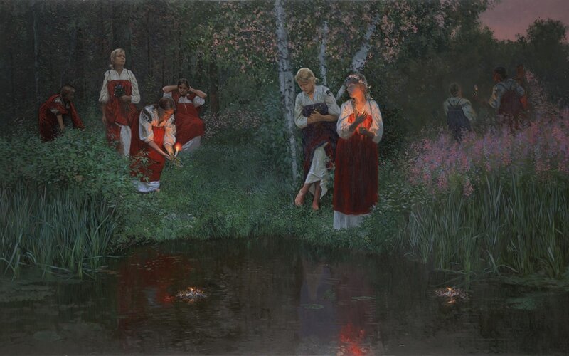 Women by a forest pond