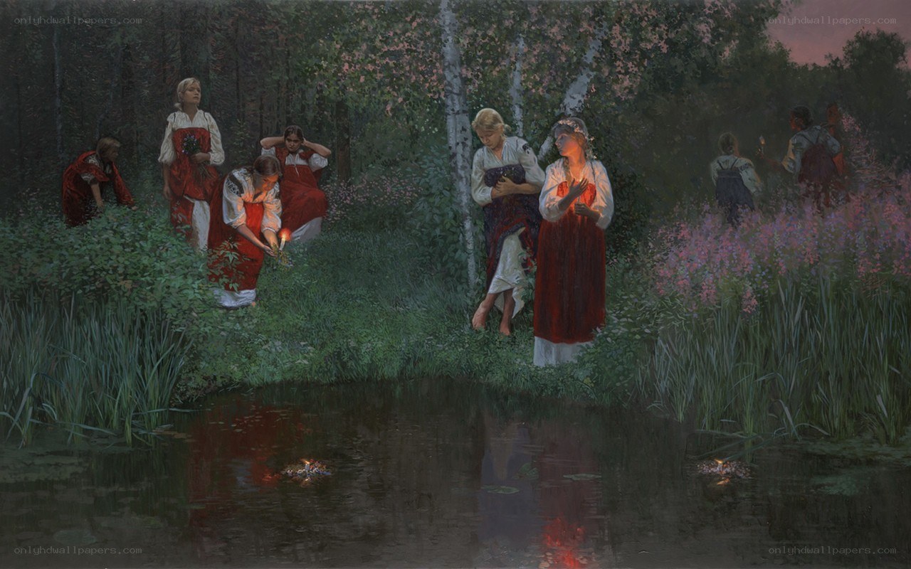 Women by a forest pond