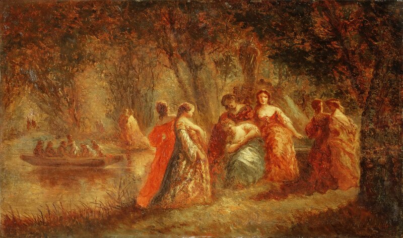 Women by a riverbank scene