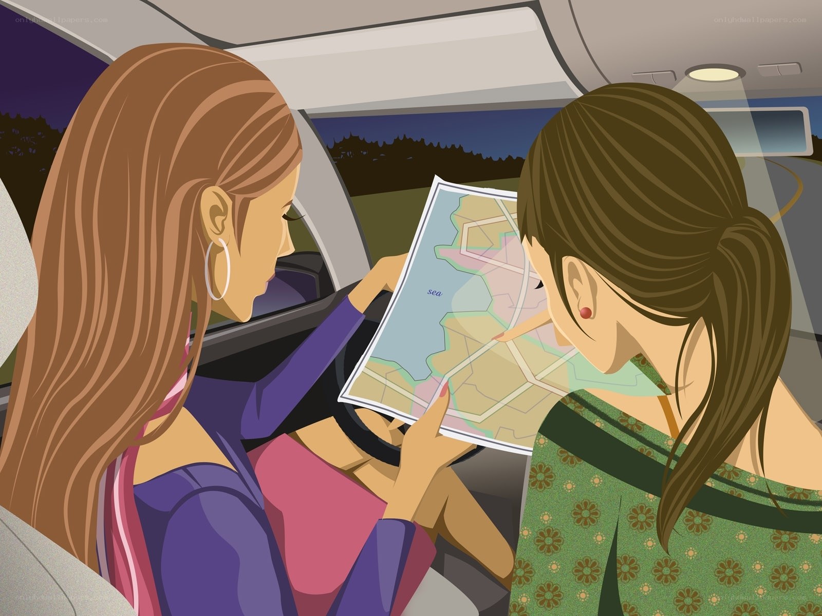 Women checking map in car