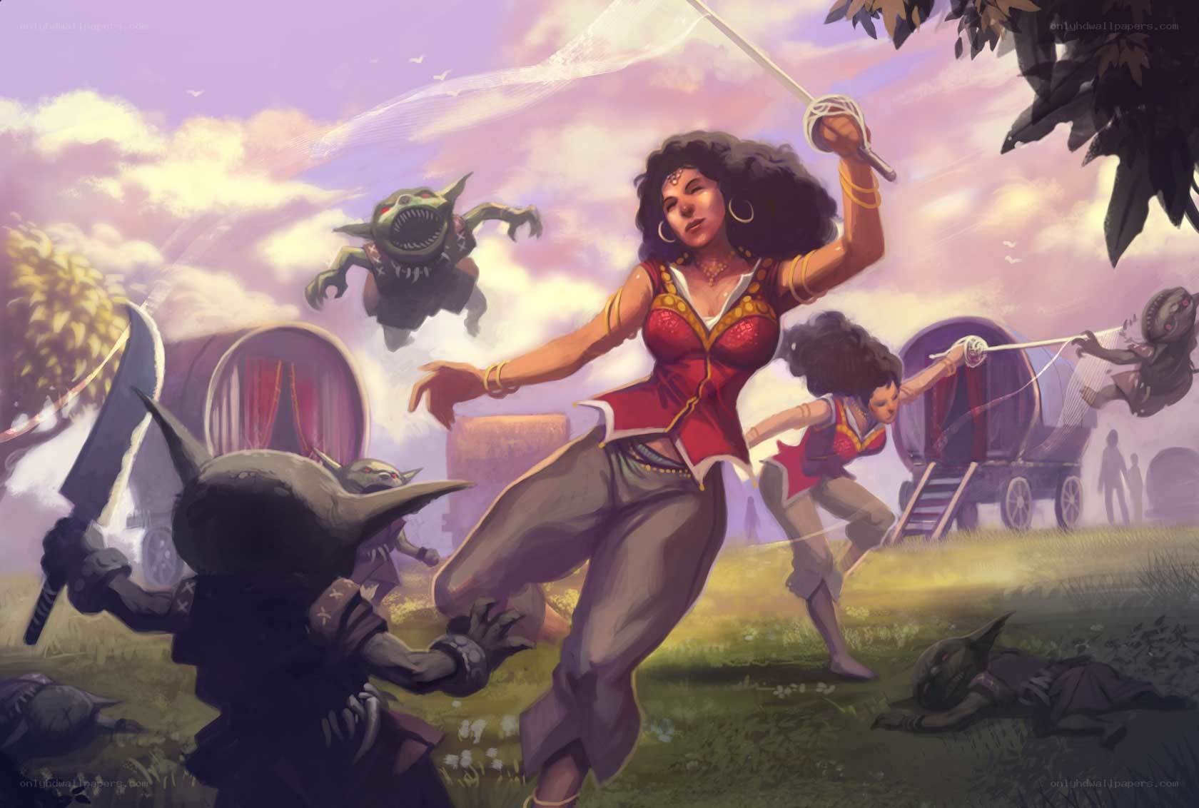 Women fighting goblins in a caravan