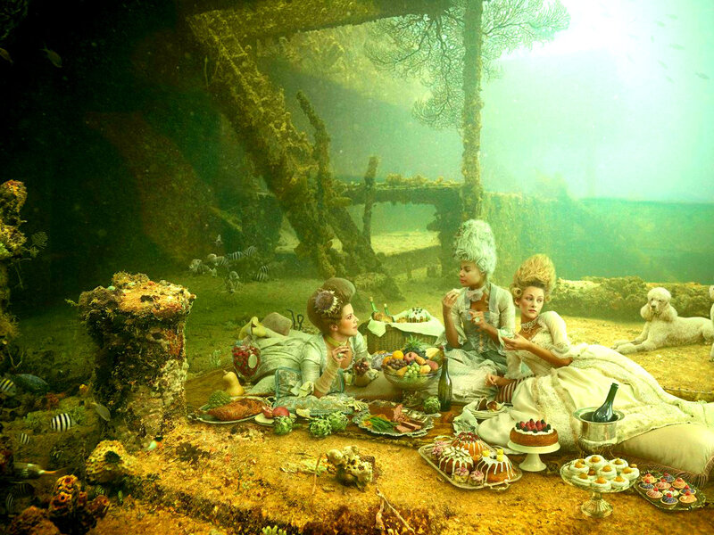 Women Having Underwater Picnic — Green