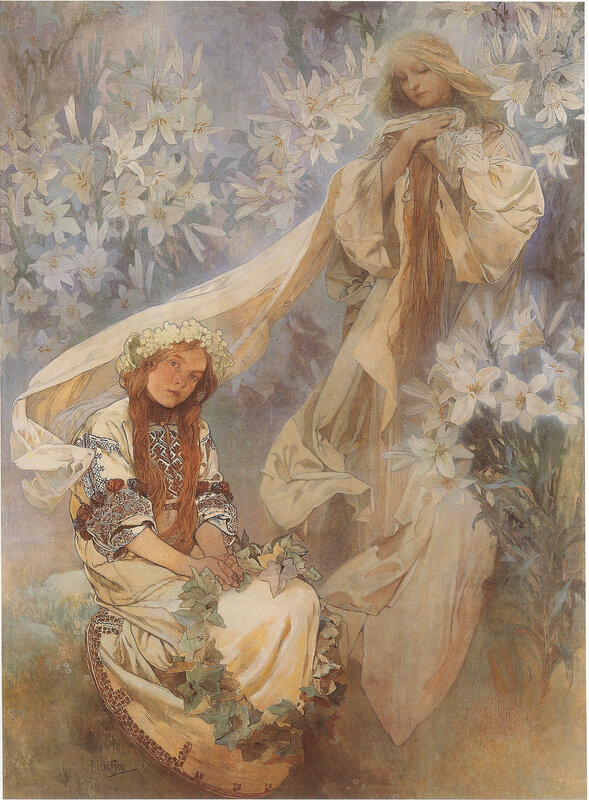 Women in a lily garden