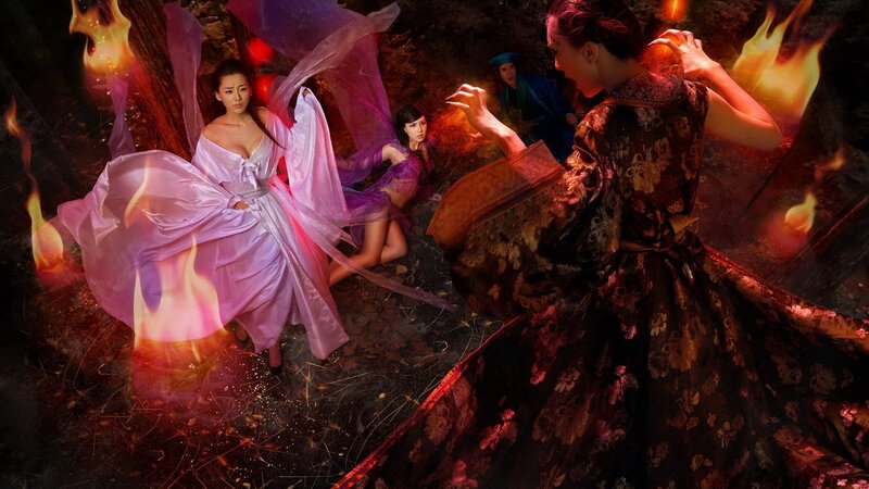 Women in a mystical forest scene