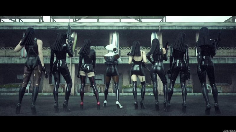 women in black suits with guns