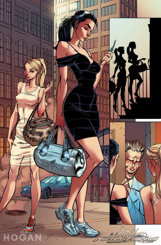 Women in city street scene