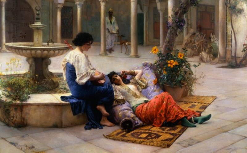 Women in Courtyard — Blue