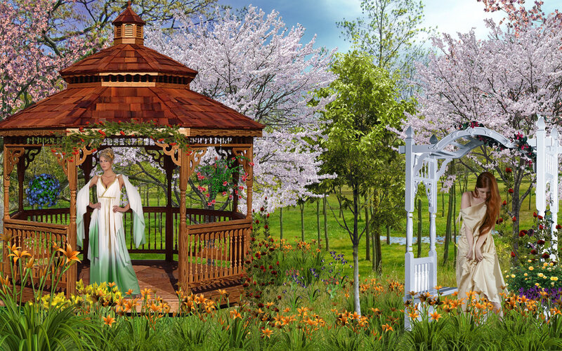 Women in garden pavilions