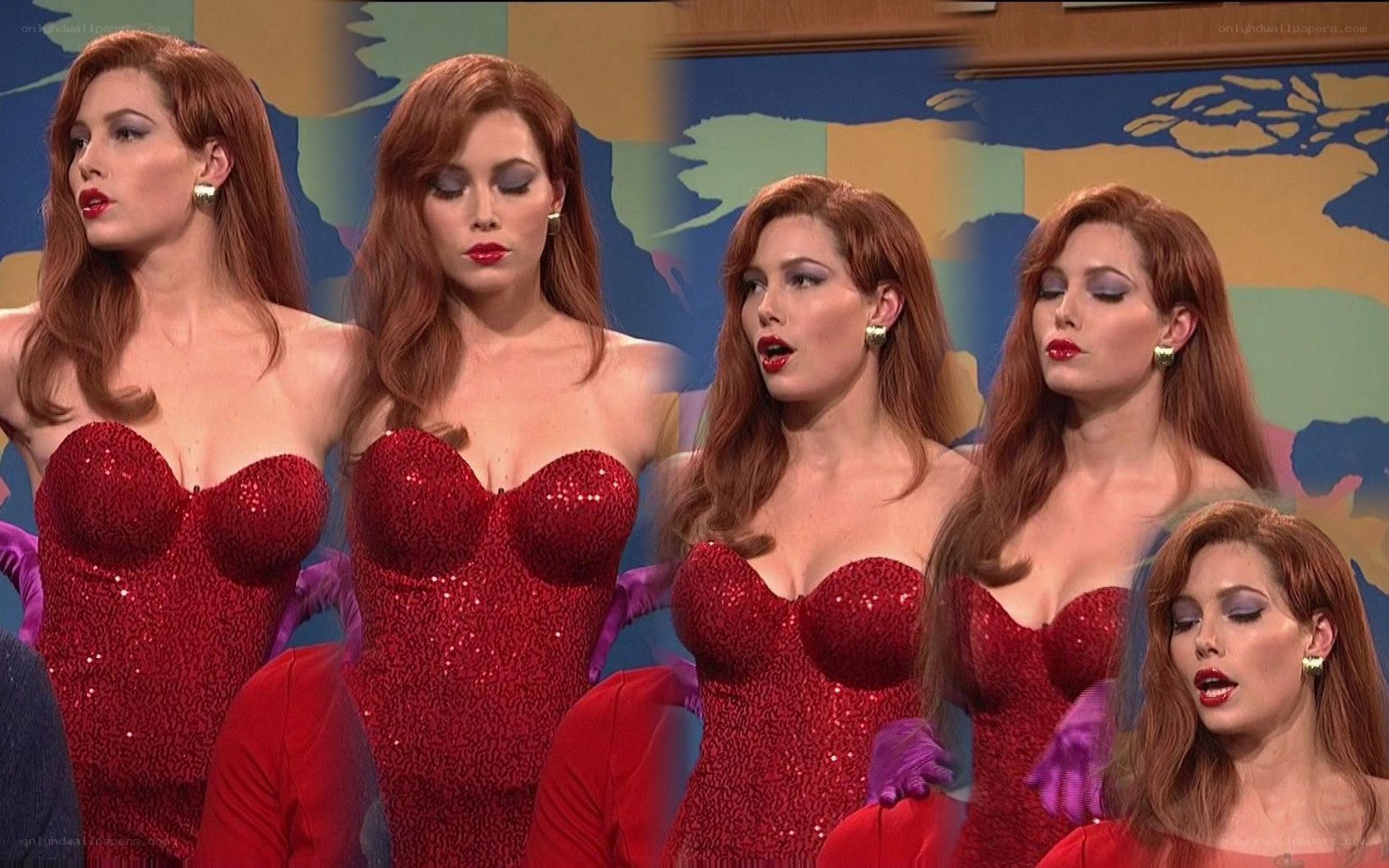 women in red sequin dresses