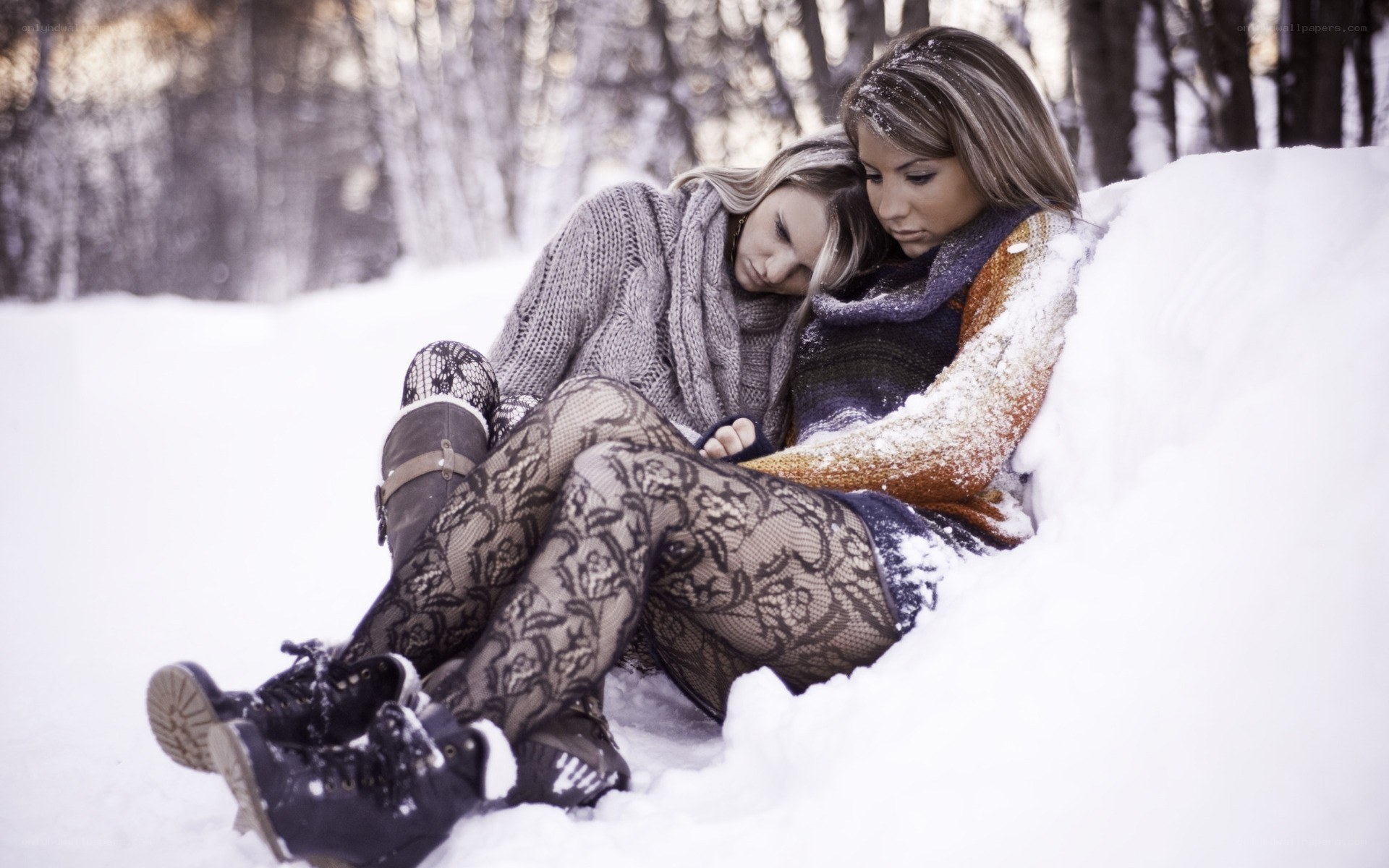 Women in snow, winter scene