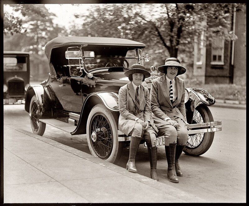Women in vintage car