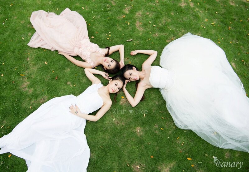 Women in wedding dresses on grass