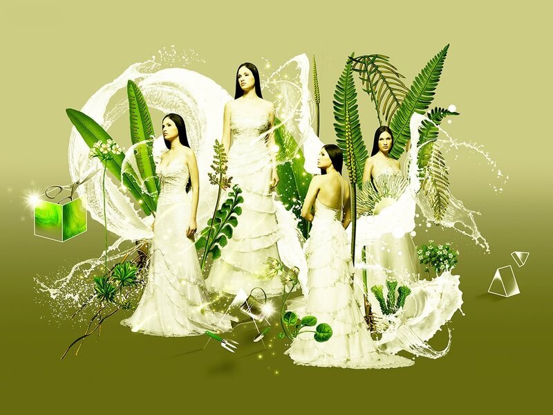 Women in white dresses with plants