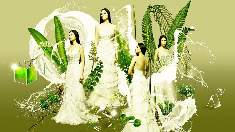 Women in white dresses with plants