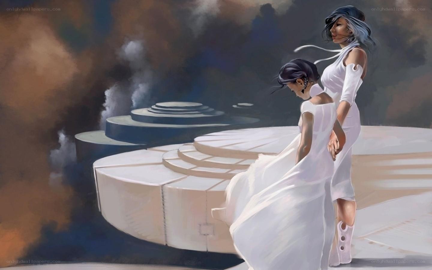 Women in white on a platform