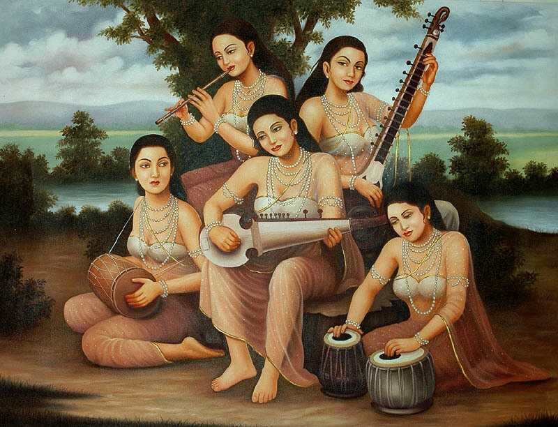 Women musicians in a landscape