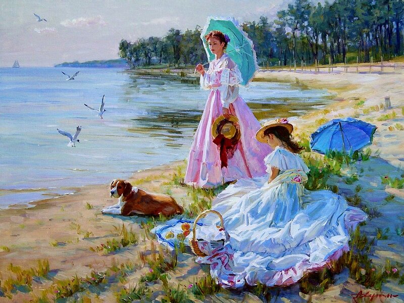Women on a Beach — Blue, Serene