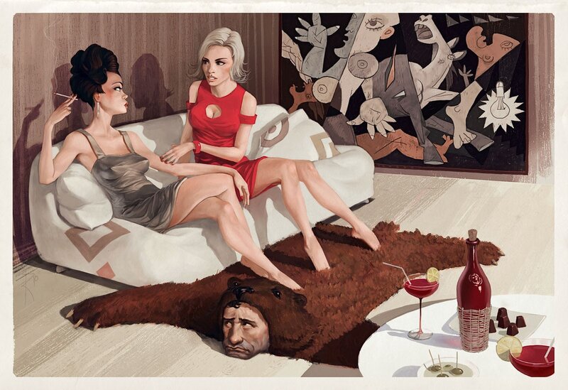 Women on a couch with bear rug