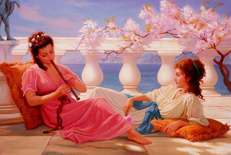 Women on a Terrace — Pink