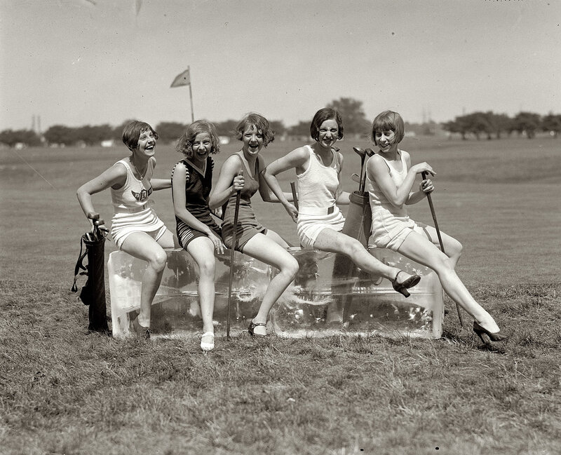 Women on ice bench at golf course